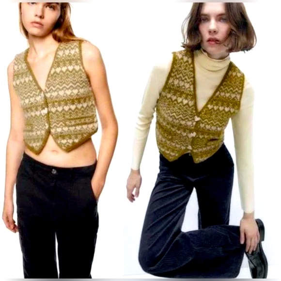 Zara Sweaters - Zara Bloggers Favorite Wool Blend Heart Rhinestone Crop Cardigan Vest Olive Sz S